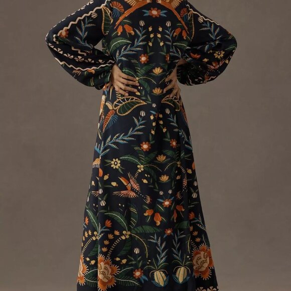 Anthropologie Farm Rio Long Sleeve Button-Front Floral Midi Dress - Picture 4 of 10